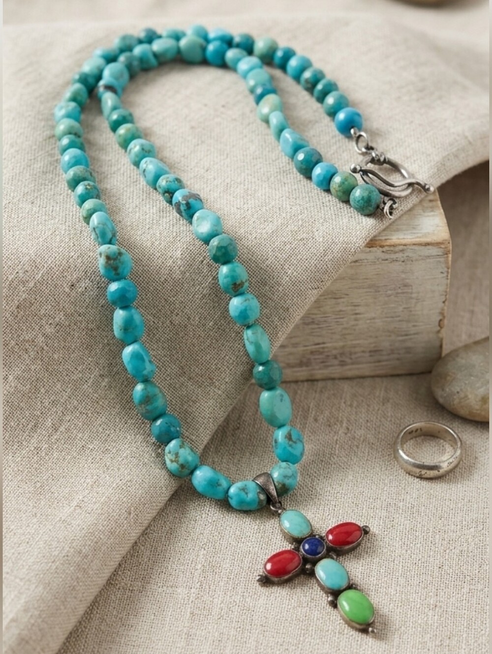 Genuine Kingman Turquoise Beaded Cross Necklace Sterling Silver 925